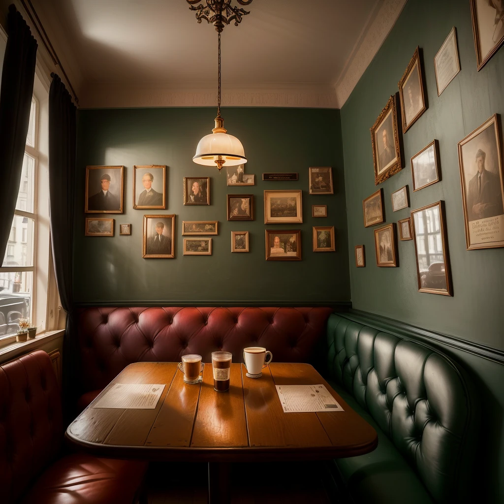 there is a room with tables and chairs and pictures on the walls, cafe interior, inside a french cafe, nostalgic atmosphere, by Konrad Witz, by Eugeniusz Zak, coffee shop, pleasant cozy atmosphere, by Alexander Bogen, diner caffee, dreamy atmosphere and drama, cosy atmosphere, by Micha Klein, small hipster coffee shop, cafe