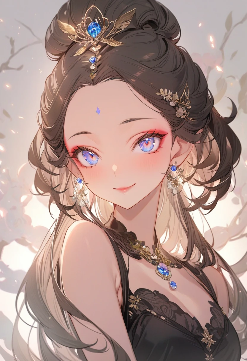 ( best quality:1.2), 1 Girl, forehead,Solitary, Skin details, Beautiful facial features, fluffy hair,Exquisite makeup, Exquisite eyes, Eye details, smile,black dress,complex background