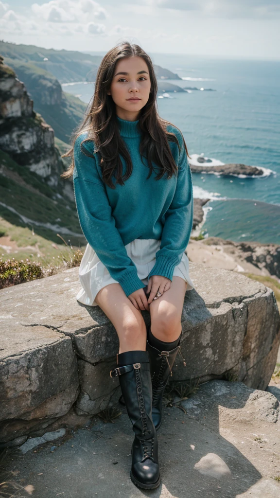 girl sitting buckling, top rock, on top hills, ocean background, Boots, sweater, , 