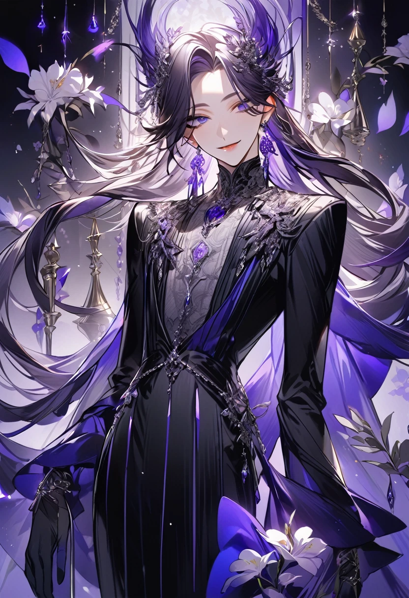 Feminine boy, soft womanish facial features, smile, squinted siren dark blue eyes without glare, silver and dark purple long loose hair with straight bang, fantasy black clothes with blue and purple elements, long black gloves, model, gorgeous, elegant, lots of silver jewelry, flowers in his hair, skinny body, hourglass figure, light lipstick