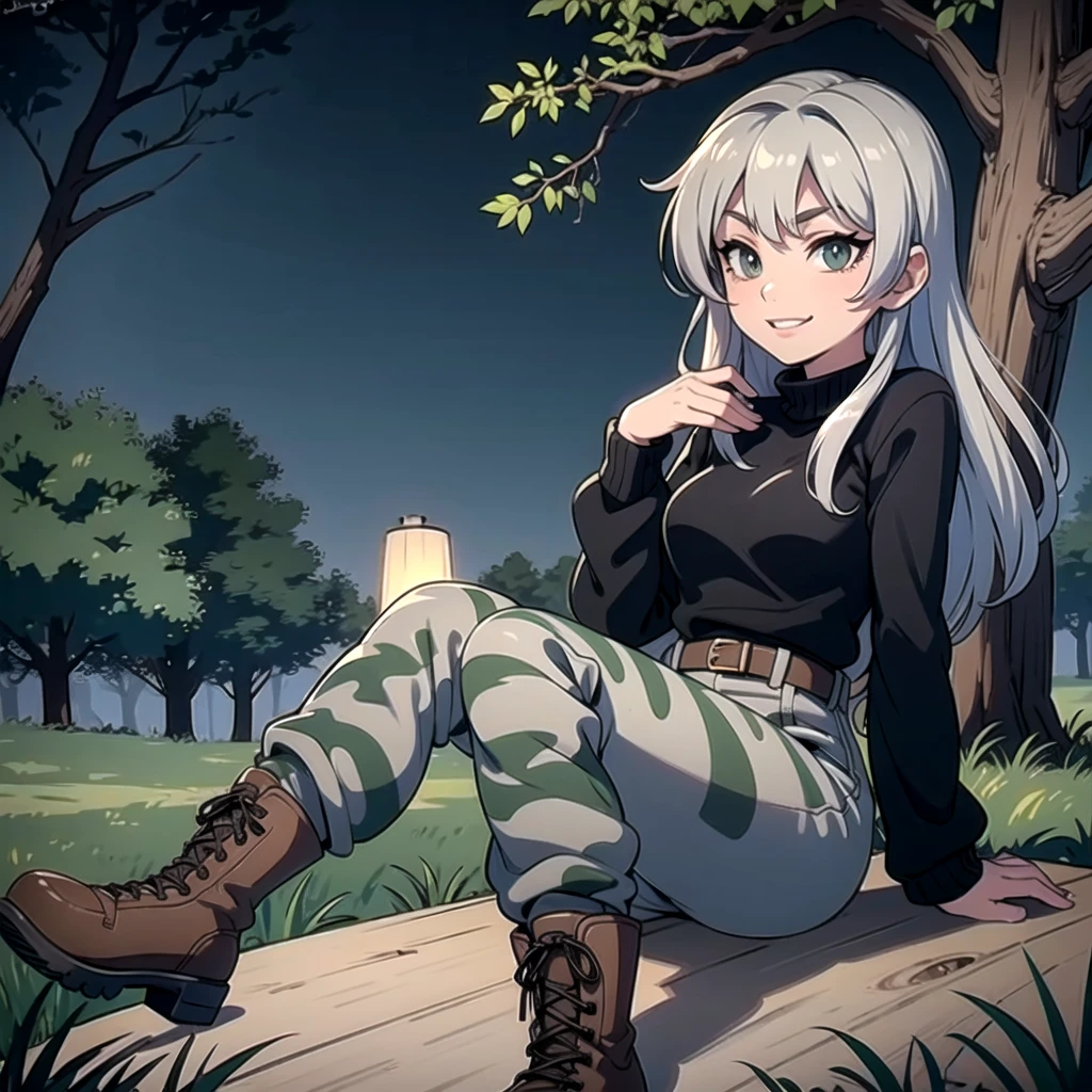 A beautiful girl with seductive smile, wearing black sweater, gray camouflage pants, army boots, standing in a dark forest at night, (best quality, 4k, 8k, highres, masterpiece:1.2), ultra-detailed, (realistic, photorealistic, photo-realistic:1.37), detailed face, detailed eyes, detailed lips, detailed hair, detailed clothing, forest, night, moonlight, shadows, moody, dramatic lighting