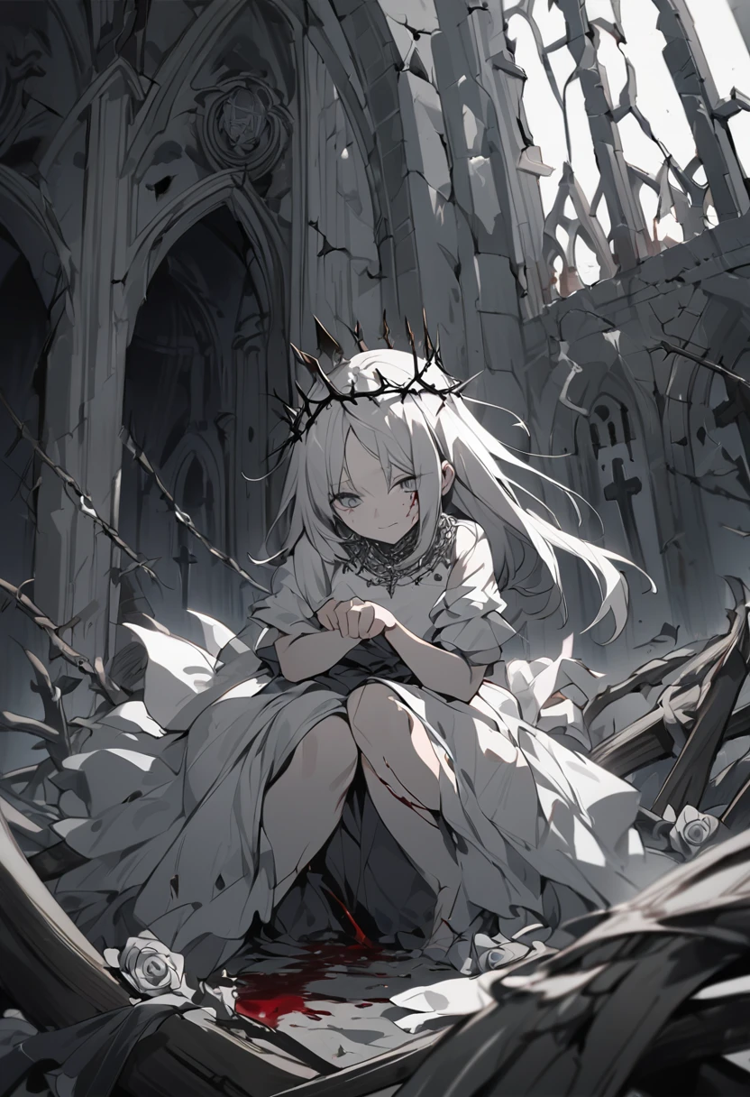 A pale-skinned white-haired girl with gray tones wearing a crown of thorns, from which small drops of blood fall, running across her forehead. Her eyes are completely dark, with an empty expression and a weak smile on her face. She wears a short white dress that reaches her knees. Several silver roses adorn her body, while sharp-thorned roots resemble necklaces, wrapping around her hands and waist. The setting is a ruined church, with cracked walls and broken windows, where light timidly enters. Next to her is an altar holding a cross adorned with several roses. The atmosphere has a melancholic and mysterious air, highlighting the loneliness and the contrast between the girl's beauty and pain.