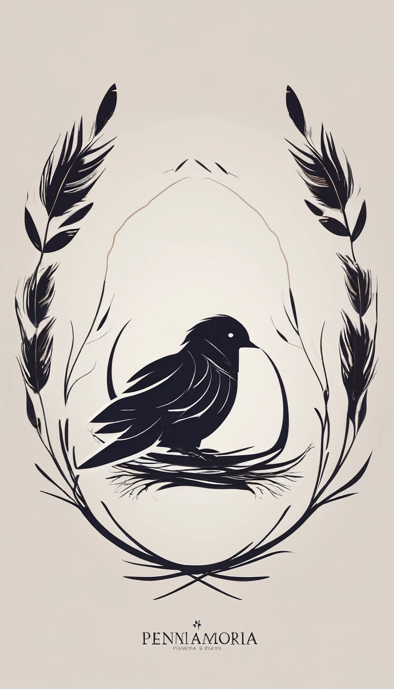 A minimal, modern, simple, cinematic logo design for the brand “Penamemoria". Create a modern, minimalistic, high-quality, logo of a boy inside a nest made of feathers. The logo must be a symbol for dreams, stories, memories, music and imagination.