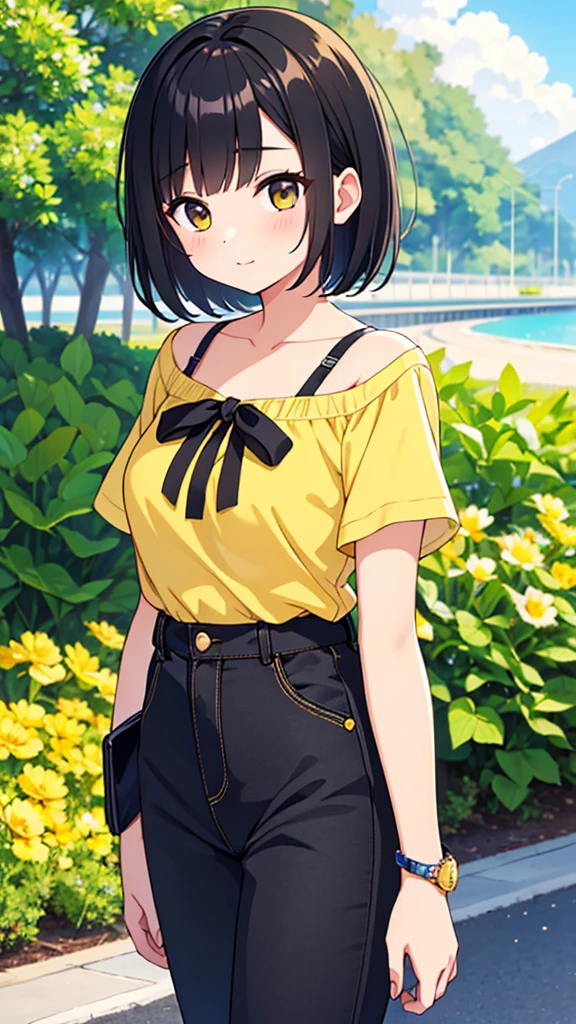 ((Highest quality)), ((masterpiece)), (detailed), 
A beautiful girl with short black hair wearing a short-sleeved summer shirt and summer pants in the style of the Yellow Revolution、refreshing、fine、bright、smart、Vision、
