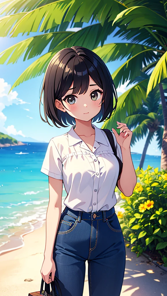 ((Highest quality)), ((masterpiece)), (detailed), 
A beautiful girl with short black hair wearing a short-sleeved summer shirt and summer pants in the style of the Yellow Revolution、refreshing、fine、bright、smart、Vision、
