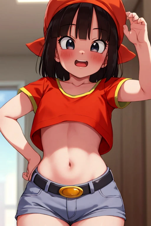 Super beautiful black short hair girl., defined body, Wide hips, half  , big butt, mini belt, looking at the viewer, red top, mini short, brown hat, excited face, blushing