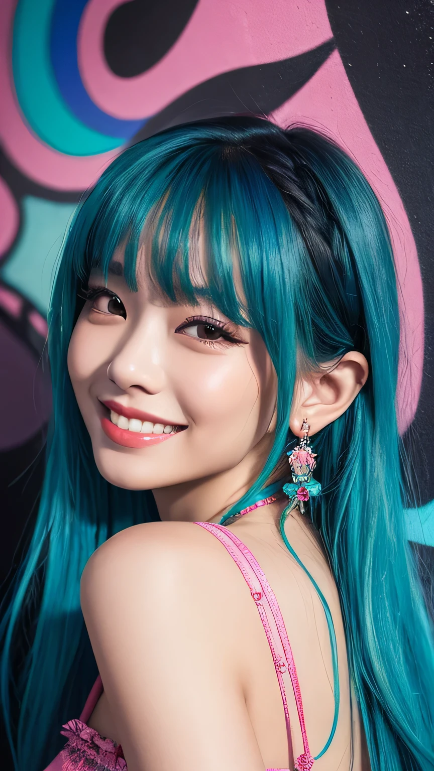 high quality, High resolution, masterpiece, completion, detailed.impressive, Cutting-edge female photography portraits, Showcasing a bold and daring street art style. Look forward、(smile、smile)、cyan, Purple and, Her vibrant makeup really catches the eye., Her colorful hair is tied up high, Harmonious blue and pink shades. The background features a mesmerizing gradient of fluorescent chrome yellow, purple and, Blends seamlessly with the dynamic colors of your subject、This powerful combination of hyper-detailed realism and artistic expression creates a vivid,
