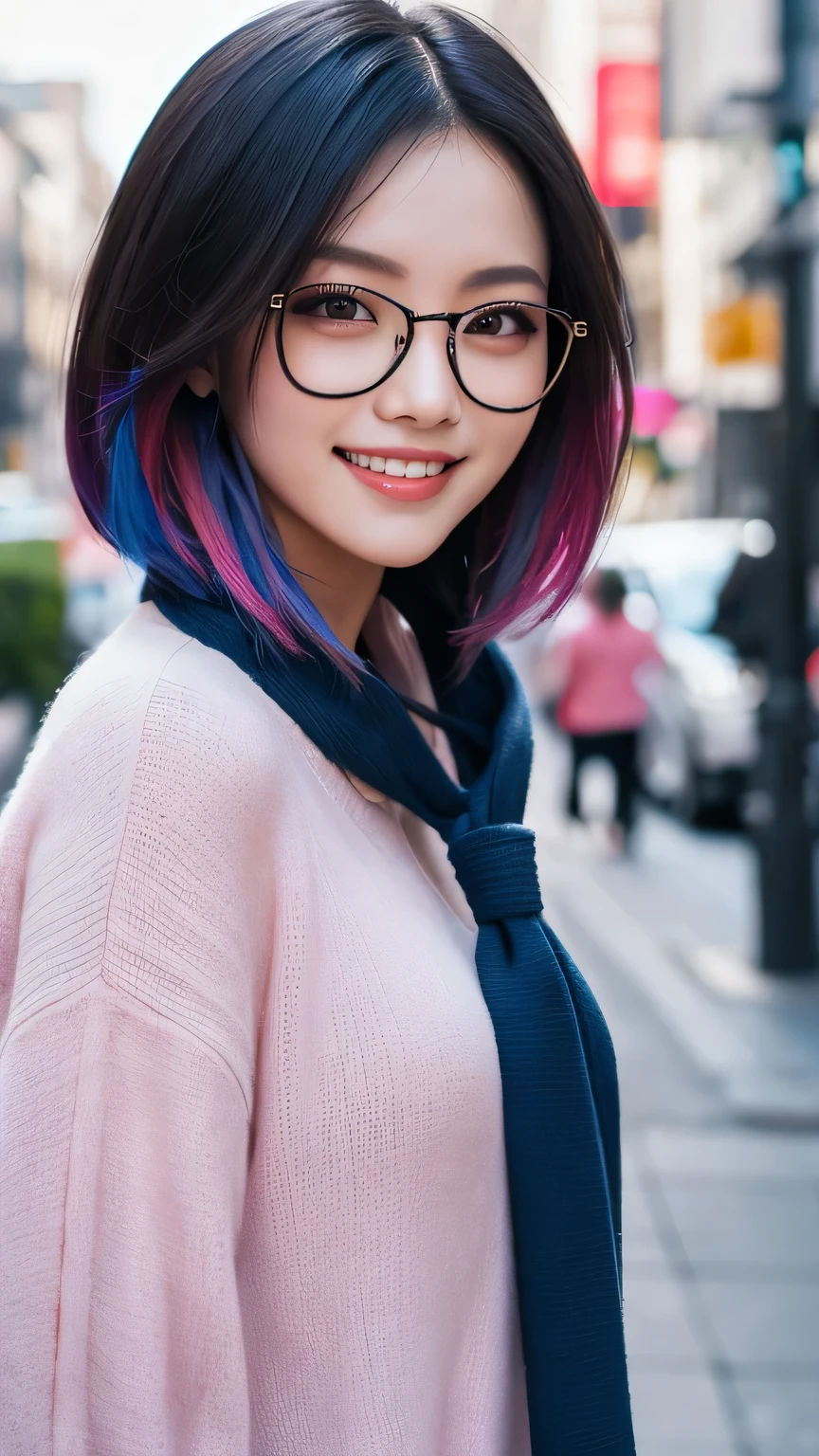 high quality, High resolution, masterpiece, completion, detailed.impressive, Cutting-edge female photography portraits, Showcasing a bold and daring street art style. Look forward、(smile、smile)、cyan, Purple and, Her vibrant makeup really catches the eye., Her colorful hair is tied up high, Harmonious blue and pink shades. The background features a mesmerizing gradient of fluorescent chrome yellow, purple and, Blends seamlessly with the dynamic colors of your subject、This powerful combination of hyper-detailed realism and artistic expression creates a vivid,