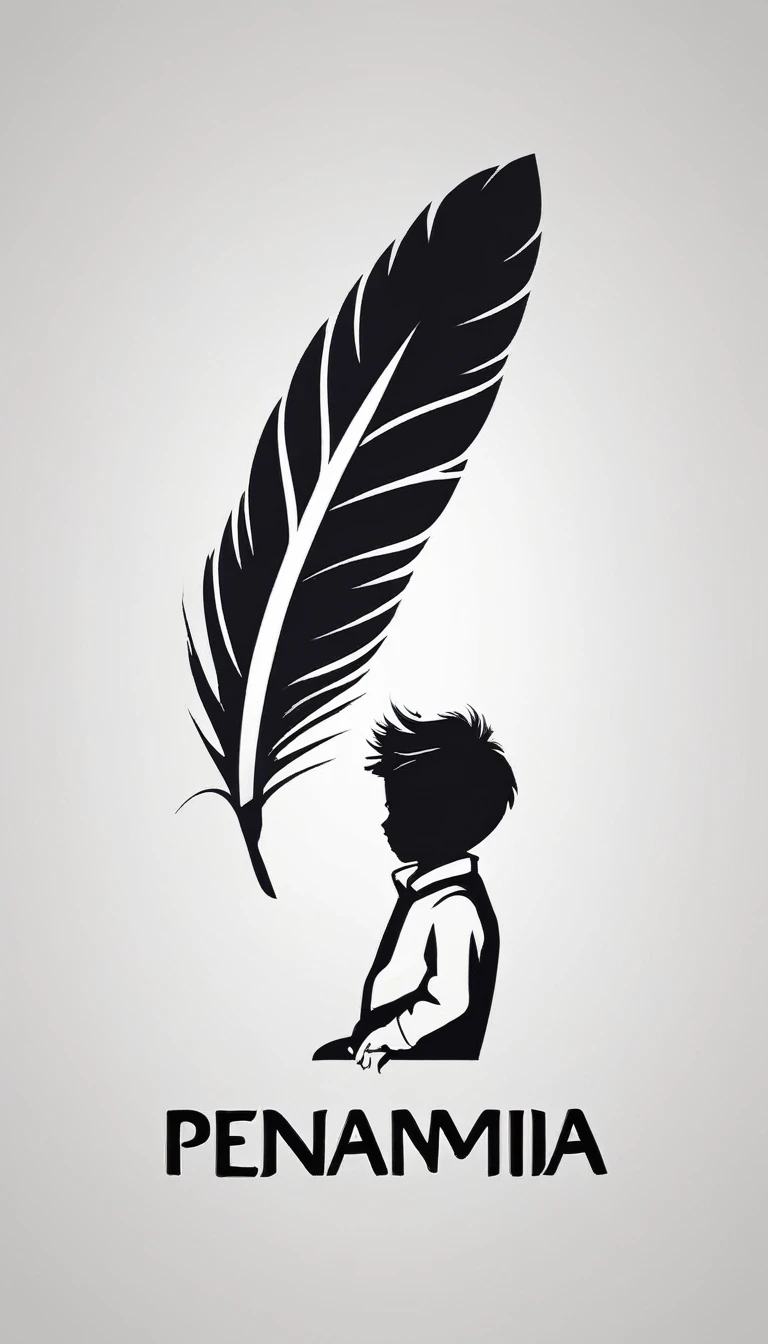 Create a minimal, modern, simple, inspirational, memorable, dream like logo design of a boy and a feather for the brand “Penamemoria".