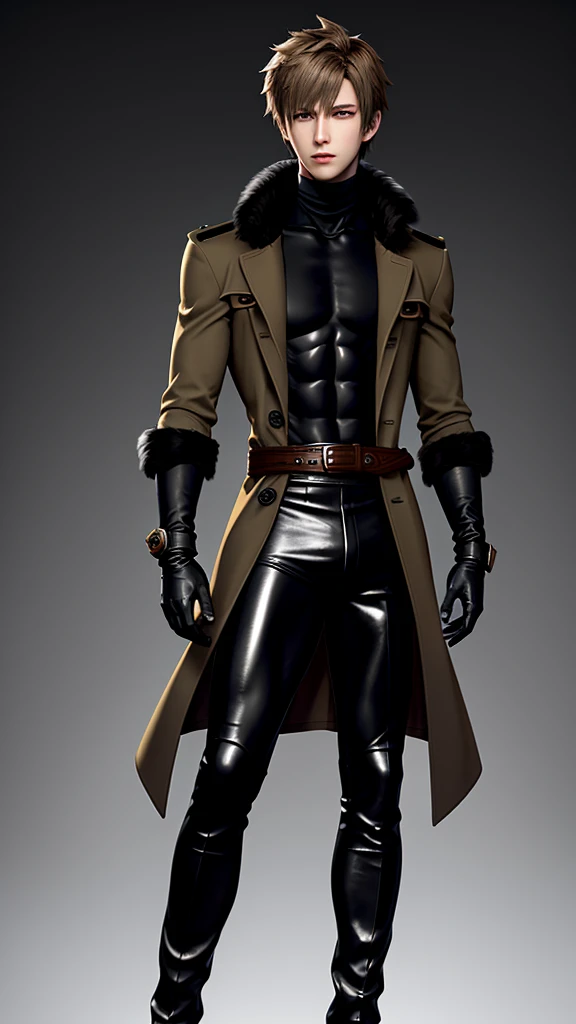 Final fantasy taste and reality graphics, Japanese young cute and cool ikemen boy, his age is early 20s, thin eyebrows and beady eyes, he wearing light brown color thick trench coat with waist belt, with epaulet, close the front of the coat,, collar fur is black, trench coat cloth the front, also wearing black thick turtleneck lackluster shirts, tight black leather pants, shiny black leather tight and thin glove, black leather knee-high raceup boots,must views head-to-toe,must views whole body, boy looks like fashion model,Do not show skin from the neck down,leather jacket leather glove and leather pants have few wrinkles,boy in the room,
