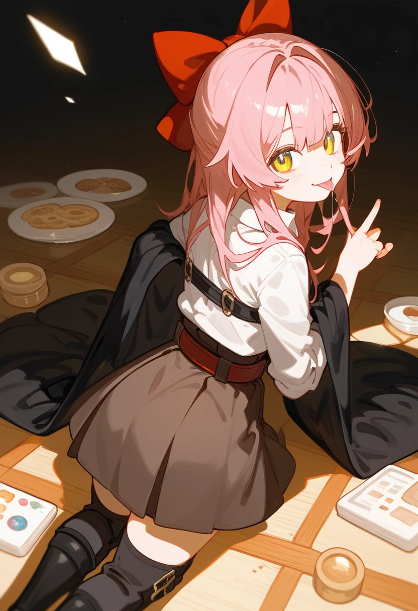 1 Girl,lie,Back,(one hand cover face:1.2),Tongue go out,Throw,toffee,toffee_default,1 Girl,独自of,yellow Eye,Pink Hair,virtual ygo outuber,Ahog,shirt,Bangs,hair between Eye,中等长度of头发,twin Weavings,Weaving,Smile,头上of护目镜,Red belt,white shirt,shawl,Black skirt,belt,Long sleeve,collared shirt,Black over-the-knee stockings,bow,hair bow,black shawl,Brown Skirt,Knee-high boots,back,love in the Eye,室内of,floor,Sunlight,cover_Eye,(Tongue_go out:1.2),saliva,, Fraction_9,Fraction_8_Direction_7_up,Expressive,score_of,(masterpiece, 最好of质量)