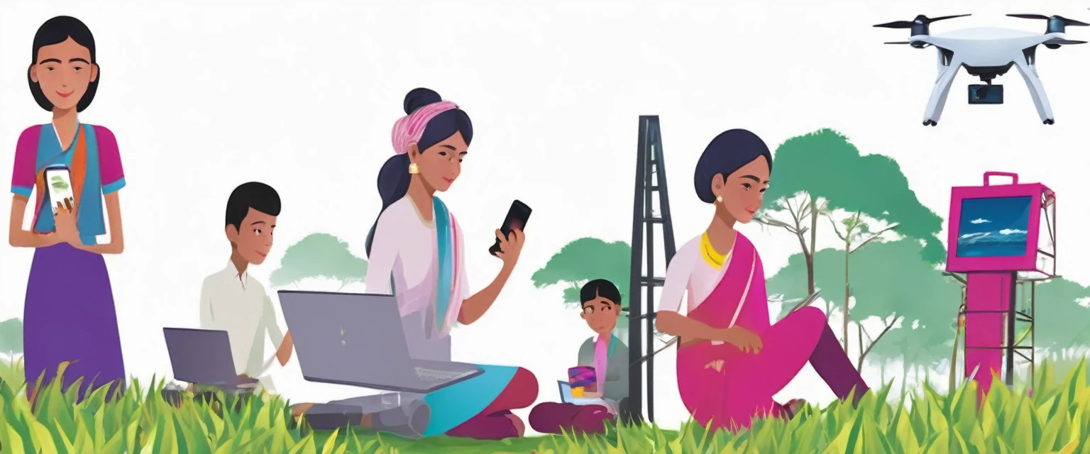 (Bangladesh)), poster image of a vibrant landscape of Bangladesh, where tradition and technology converge, a Smart Village emerges., Smart Village: Bridging Tradition and Technology Connected Community: Villagers embracing the internet and computers, enhancing their daily lives and work. Modern Farming: Farmers utilizing smartphones for better crop management and market access. Tech-Enabled Families: Happy families benefiting from improved communication and education through technology. Innovative Infrastructure: Mobile towers ensuring seamless connectivity, with drones and robots supporting agricultural