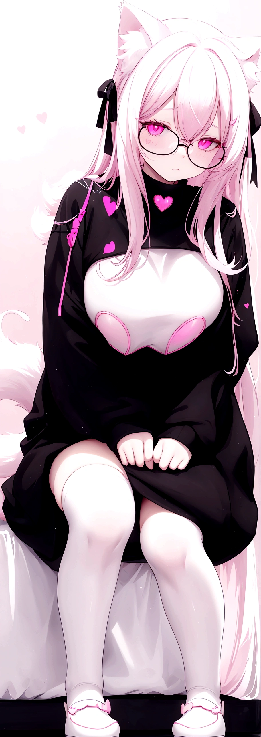 I have white pink hair, cat ears, A good, my face is super red, black glasses, pink heart eyes, a big pink sweatshirt, a black skirt, black stockings, White shoes, a cat tail, a woman. Very shy on his knees on his bed holding onto his tail