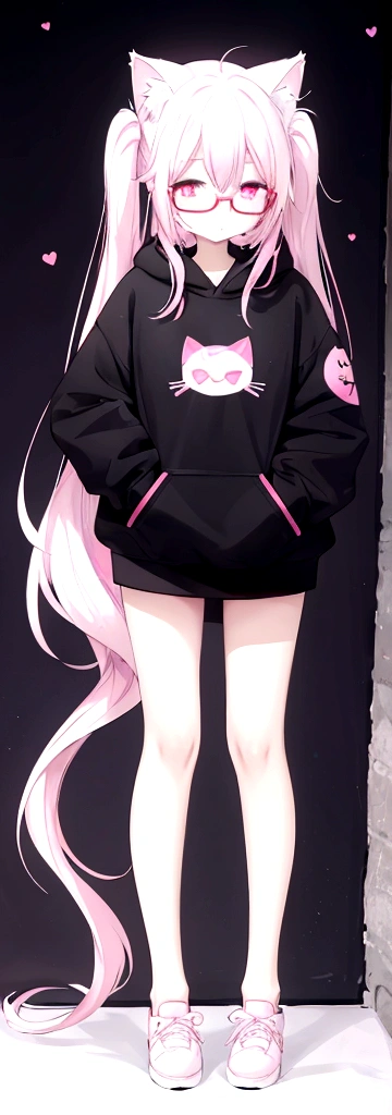 I have white pink hair, cat ears, A good, my face is super red, black glasses, pink heart eyes, a big pink sweatshirt, a black skirt, black stockings, White shoes, a cat tail, a woman. Very shy on his knees on his bed holding onto his tail 