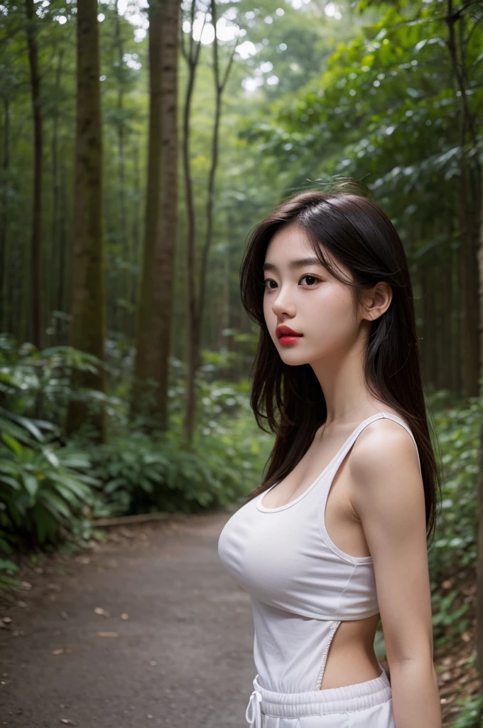 A very cute girl, solo, young, wearing tank top and short pants, big breasts, white and smooth skin, standing, long hairs, red lip, at forest, realistic face