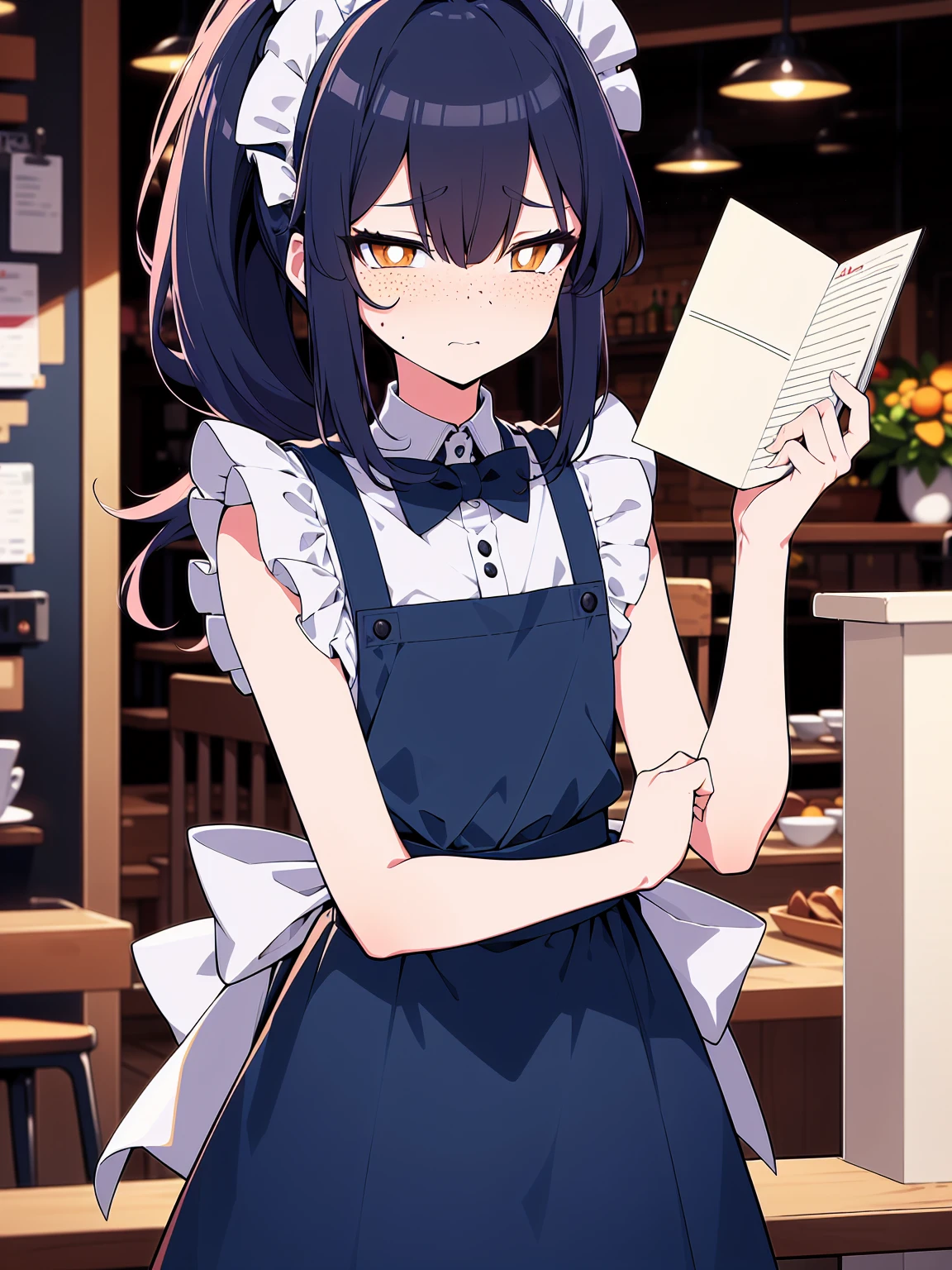 (best quality, ultra-high resolution, depth of field:1.2), 1man, freckles, (feminine), flat chest, (dark blue hair:1.2), ponytail, (orange eyes), bright pupils, (dark blue maid uniform), frills, maid headdress, maid apron, (cafe scenery), nervous, embarrassed, (blushing), holding a notepad