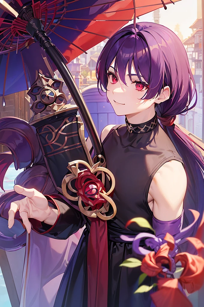 (((Purple Hair、Dye the inside of your hair red、Long Hair、Knot、Braid、Bright red eyes)))A man wearing a black robe、Smiling young man、Man standing facing forward、((Closed umbrella、Red umbrella)Boy standing with a)、(White background)、{{masterpiece}}, The best quality of life