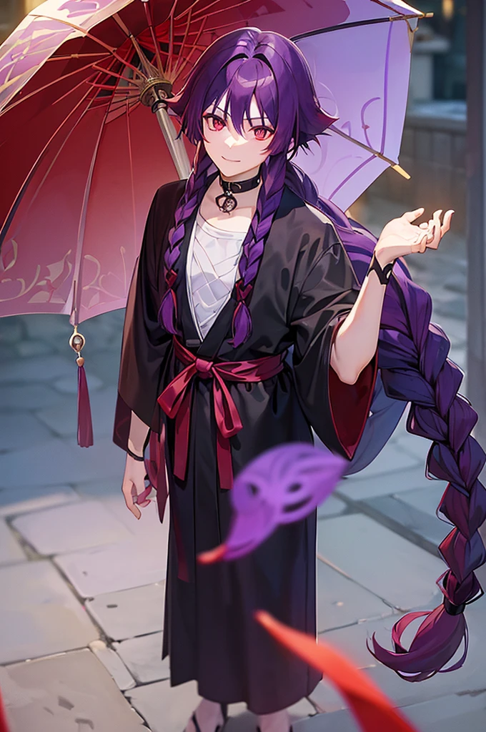 (((Purple Hair、Dye the inside of your hair red、Long Hair、Knot、Braid、Bright red eyes)))A man wearing a black robe、Smiling young man、Man standing facing forward、（（Closed Japanese umbrella、Red Japanese umbrella）Boy standing with a）、（White background）、{{masterpiece}}, The best quality of life