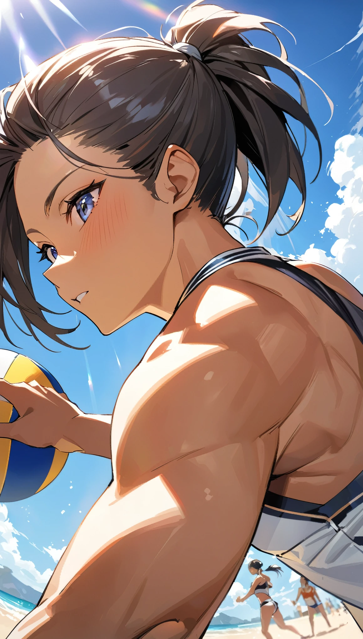 from behind, from below, best quality, super fine, 16k, 2.5D, delicate and dynamic depiction, beach volleyball player, tanned skin, slender and muscular, (bikini style uniform), short ponytail, match in progress, focus line effect, white sand, blue sky, dazzling sunlight, portrait