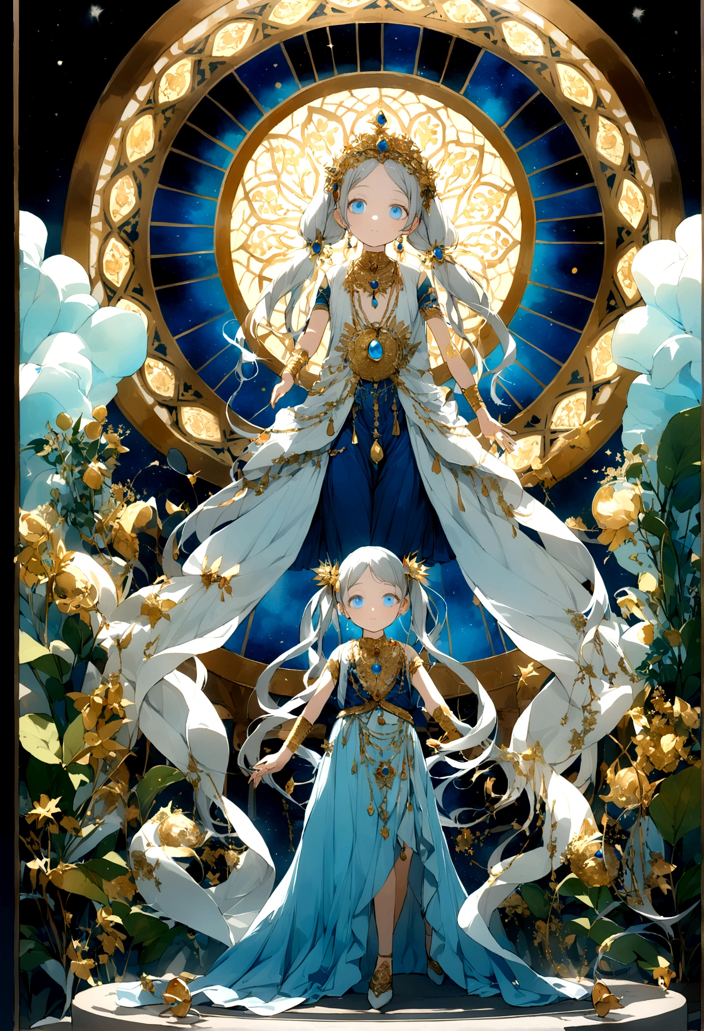 Divine depiction of Lord Krishna, Adorned with golden jewellery and a heavenly aura, Dancing happily in a surreal space, Otherworldly plants, Emanates a sense of cosmic harmony and spiritual ecstasy, Sculpture, 大理石Sculpture, --1 included:1-5 times,(((Silver twin tails))),(((Bangs parted in the middle))),(((blue eyes))),(((Short girl))),