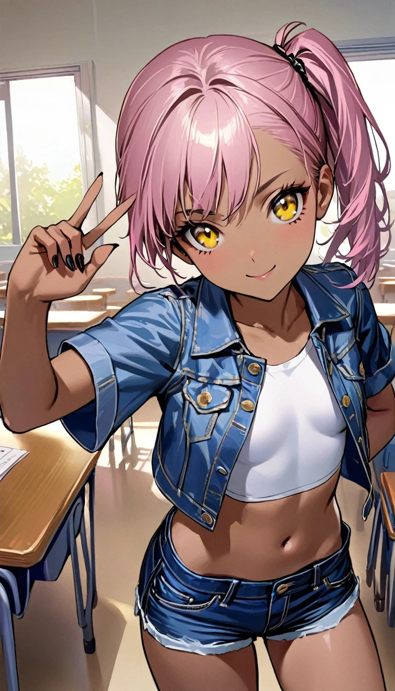 1girl,school classroom,BREAK pink hair,side ponytail,yellow eyes,dark-skinned female,smile,as109,teen girls,looking at viewer,navel,mini denim shorts,mini blue jean jacket,crop top,loli,black nails,