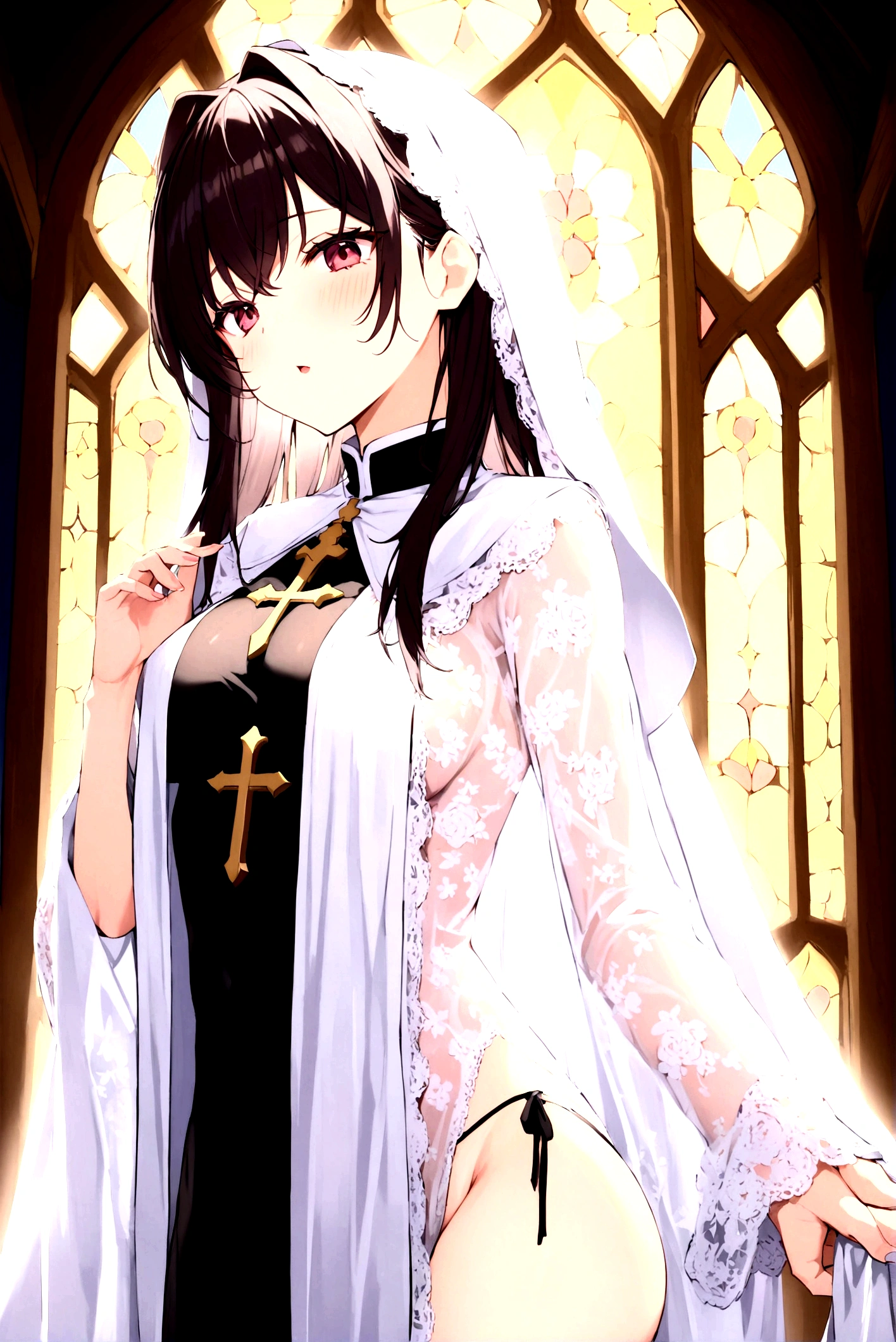 18yo,mizuki, (Gorgeous white wedding dress:1.2),ultra miniskirt,Gorgeous tiara,long wedding veil,small breasts, flat chest, tan, (dark-skinned female:1.2), (dark skin:1.2), two side up, very long hair, brown hair, hair between eyes, hair ribbon, hair rings, pink eyes, looking at viewer, church,(highres, high quality:1.1), intricate details, cinematic lighting, 1girl,(red blush,angry),show off pussy,pussy focus,(no panties), from below,pubic tattoo