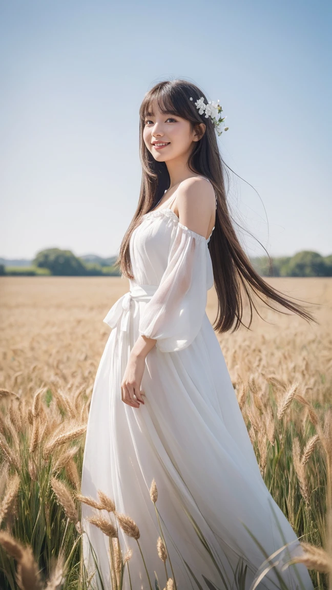 masterpiece, best quality, ultra highres, detailed illustration, portrait, detailed, 1girl standing in wheat field, solo, long hair, dress, flower, white hanfu, smile, full body, white flower, bare shoulders, very long hair, aqua hair, closed mouth, facing viewer, bangs,