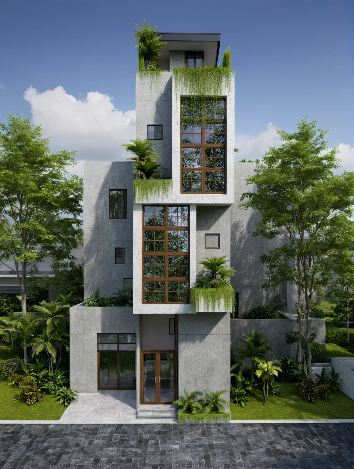 modern villa on street, (daylight), tropical tree, (slope roof, black tiled roof:1.2), vivid color, streetcapes, nice sky, grey tone, large glass door, warm interior lighting, modern material, best quality, ultra realistic, masterpiece, 17ArchiAI_XL_VL-v1