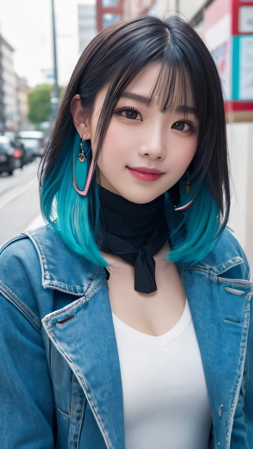 high quality, High resolution, masterpiece, completion, detailed.impressive, Cutting-edge female photography portraits, Showcasing a bold and daring street art style. Look forward、A kind smile、Soft impression, cyan, Purple and, Her vibrant makeup really catches the eye.. Her colorful hair is tied up high, Harmonious blue and pink shades. The background features a mesmerizing gradient of fluorescent chrome yellow, purple and, Blends seamlessly with the dynamic colors of your subject. An unforgettable image