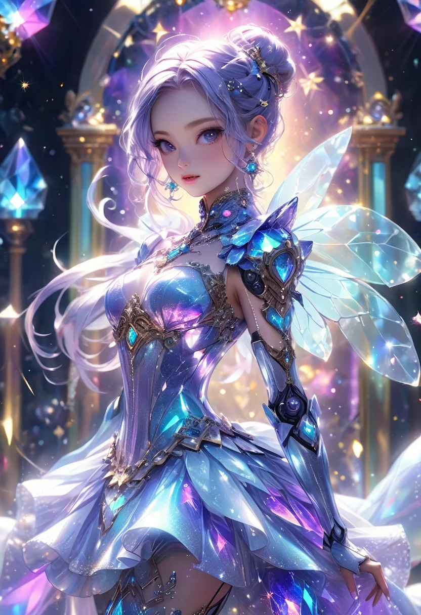 crystal covered, (Full body :1.3), alternate color, masterpiece, detailed illustration, realistic, pixiv top quality, exquisite, {{{kawaii 1girl}}}, ultra beauties who fuse with machines, glitter beautiful female, Half of my body is made of machines, cinematic lighting, dynamic angle, dynamic pose, crystal world, depth of field,Shiny socks,Crystal stockings,Crystal high heels