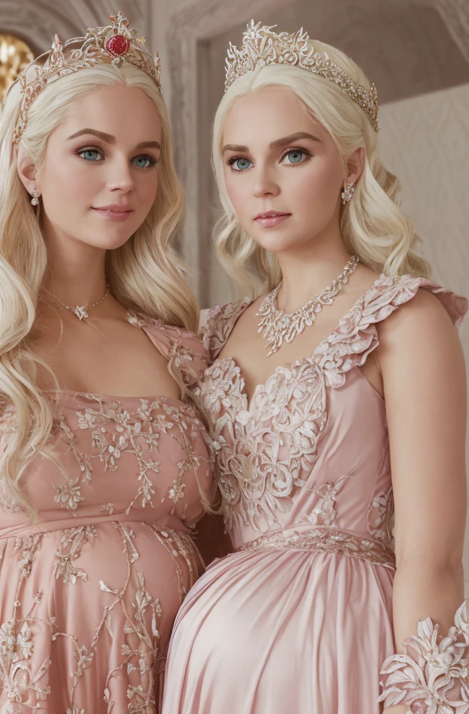 White Blonde hair, fluffy hair, stylish hair, long hair, lilac eyes, perfect eyes, beautiful, perfect face, tween, , short, kind, curvy, a flowing pale airy gown with ruffles along the bottom with tiny pink flowers and gold dragon embroideries with flowers, Her tiara had a pretty teal gemstones, silver necklace, noble class, royal, royalty, red castle, feasting hall, medieval, elegant surroundings, soft dewy makeup look, light peach blush, soft tan eyeshadow, light coral lipstick, cutesy, girlish, girly, guileless, ingénue, princess , whimsical lighting, Targaryen, dragons in the sky, photorealistic, pregnant, baby bump,
