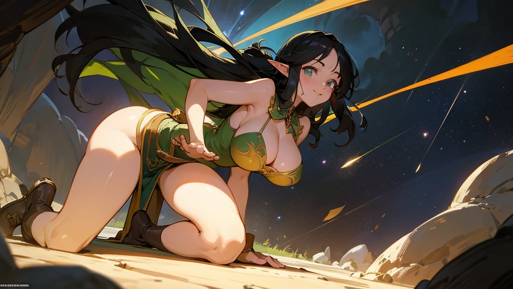 Anime Style,Nostalgic,Detailed background,The medieval world,A lively space with many people々A cave that looks like a power supply,A beautiful elf bard with black hair and a smile,Large Breasts,Healthy thighs,Underarm,On all fours
