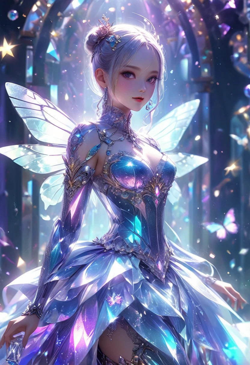 ultra detailed fairy with holographic dress and wings, well placed wings, stuningly beautiful face, focus on face, dynamic pose, holographic, light particles, mystical magic looking, fairy tale, forest at night with some fireflies, ultra detailed illustration by Loish and Artgerm, WLOP, hit definition, 32k resolution, best quality