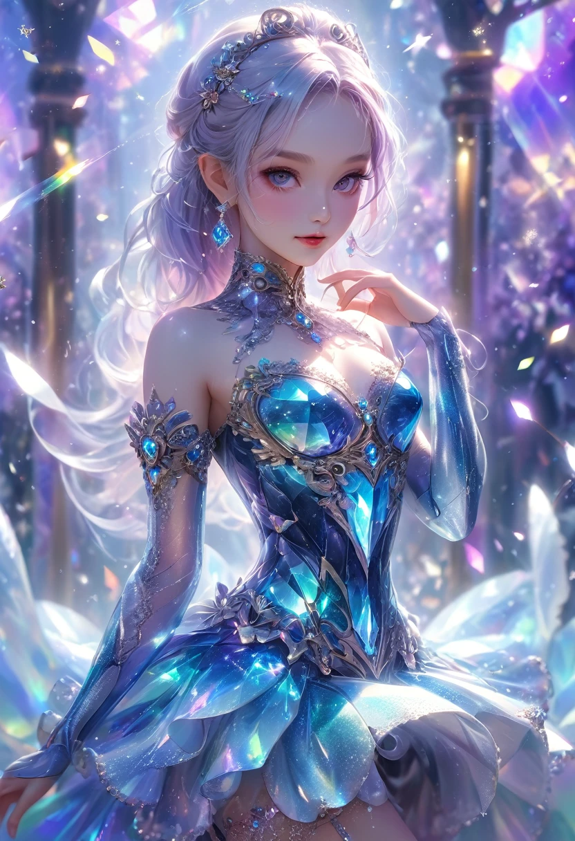 crystal covered, (Full body :1.3), alternate color, masterpiece, detailed illustration, realistic, pixiv top quality, exquisite, {{{kawaii 1girl}}}, ultra beauties who fuse with machines, glitter beautiful female, Half of my body is made of machines, cinematic lighting, dynamic angle, dynamic pose, crystal world, depth of field,Shiny socks,Crystal stockings,Crystal high heels