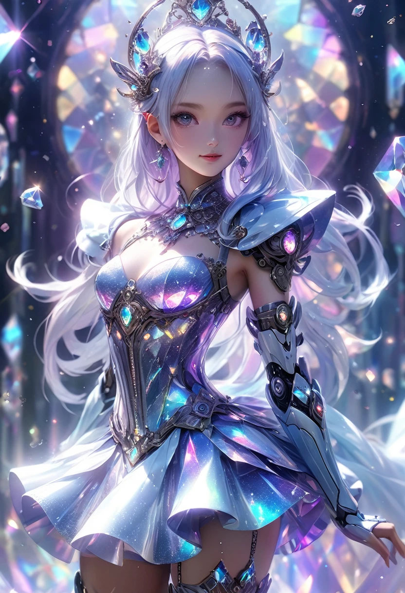 crystal covered, (Full body :1.3), alternate color, masterpiece, detailed illustration, realistic, pixiv top quality, exquisite, {{{kawaii 1girl}}}, ultra beauties who fuse with machines, glitter beautiful female, Half of my body is made of machines, cinematic lighting, dynamic angle, dynamic pose, crystal world, depth of field,Shiny socks,Crystal stockings,Crystal high heels