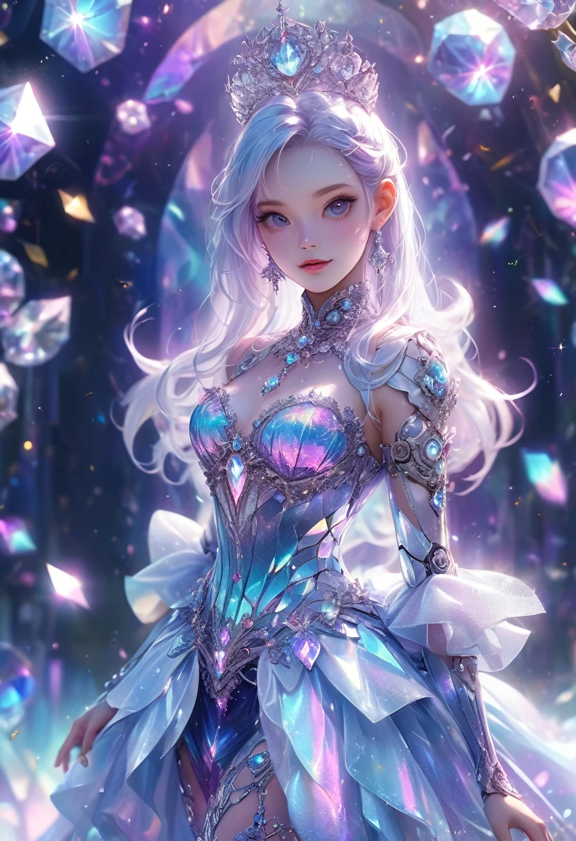 crystal covered, (Full body :1.3), alternate color, masterpiece, detailed illustration, realistic, pixiv top quality, exquisite, {{{kawaii 1girl}}}, ultra beauties who fuse with machines, glitter beautiful female, Half of my body is made of machines, cinematic lighting, dynamic angle, dynamic pose, crystal world, depth of field,Shiny socks,Crystal stockings,Crystal high heels