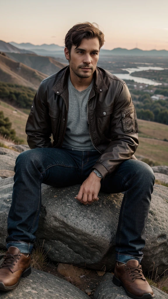 Man 30 years old sitting on rock, on top hills, black pilot jacket, brown jeans, 