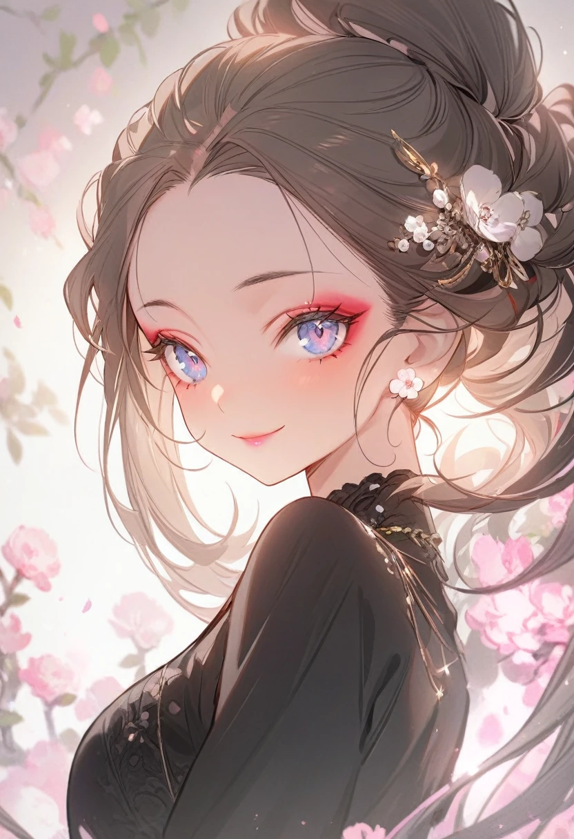 ( best quality:1.2), 1 Girl, forehead,Solitary, Skin details, Beautiful facial features, fluffy hair,Exquisite makeup, Exquisite eyes, Eye details, smile,black dress,((complex background))
