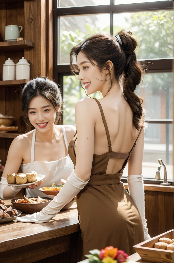 (((best quality))),(((ultra detailed))),(((masterpiece))),illustration,((1 beautiful young girl,solo)),((slim,thin)),((bare back,towering hips,butt crack)),(short ponytail:1.2),(laughing:1.2),stunning, radiant complexion, mesmerizing eyes,((sheer apron,bare arms,bare shoulder)),((gloves:1.3)),frilly, domesticity, playfulness, colorful patches, vegetables, cooking utensils, whimsical,delicate features, gentle smile, perfectly aligned teeth, contentment, warmth, friendliness, vibrant atmosphere, bustling,barbecue restaurant, wooden panels, hanging plants, cozy, earthy feel, scent of sizzling meats, spices, patrons, tables, meals, laughter, lively ambiance, gleaming wooden counter, checkout counter, assortment of bills, receipts, cash register, calm, collected, typing, precision, simplicity, joy, hard work, hospitality, culinary delights,((from back,upper body))