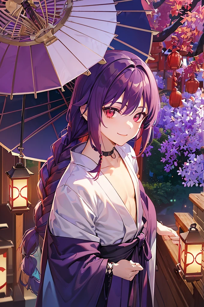 (((Purple Hair、Dye the inside of your hair red、Long Hair、Knot、Braid、Bright red eyes)))A man wearing a black robe、Smiling young man、Man standing facing forward、（（Closed Japanese umbrella、Red Japanese umbrella）Boy standing with a）、（White background）、{{masterpiece}}, The best quality of life