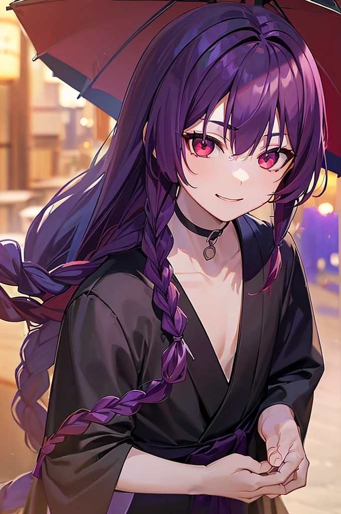 (((Purple Hair、Dye the inside of your hair red、Long Hair、Knot、Braid、Bright red eyes)))A man wearing a black robe、Smiling young man、Man standing facing forward、((Closed Japanese umbrella、Red Japanese umbrella)Boy standing with a)、(White background)、{{masterpiece}}, The best quality of life