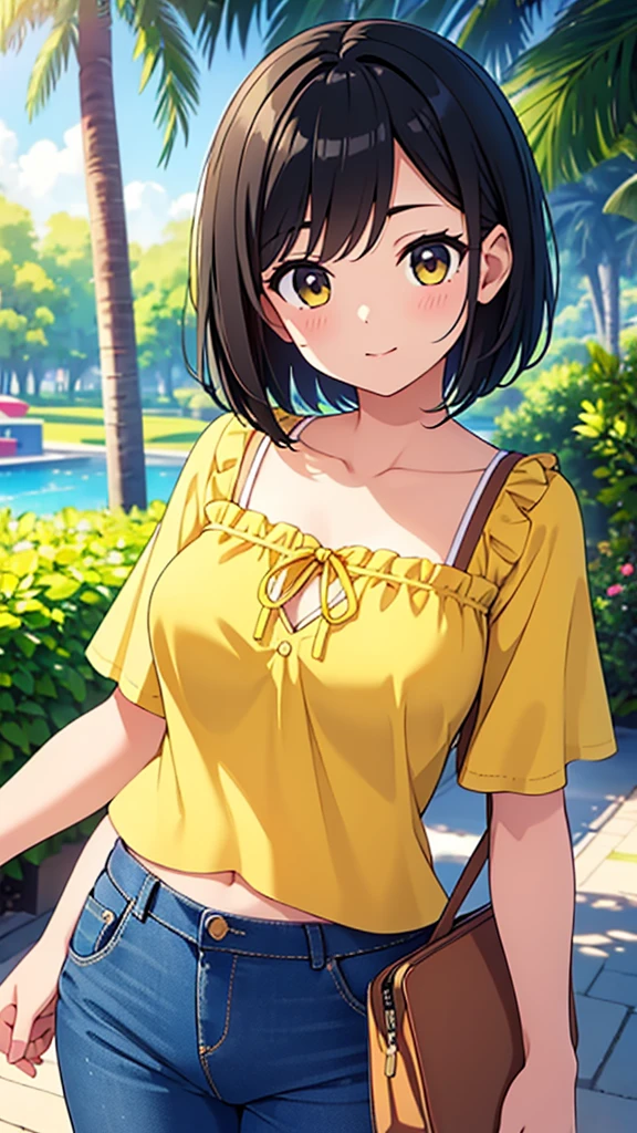 ((Highest quality)), ((masterpiece)), (detailed), 
A beautiful girl with short black hair wearing a short-sleeved summer shirt and summer pants in the style of the Yellow Revolution、refreshing、fine、bright、smart、Vision、whole body、Fullsize、
