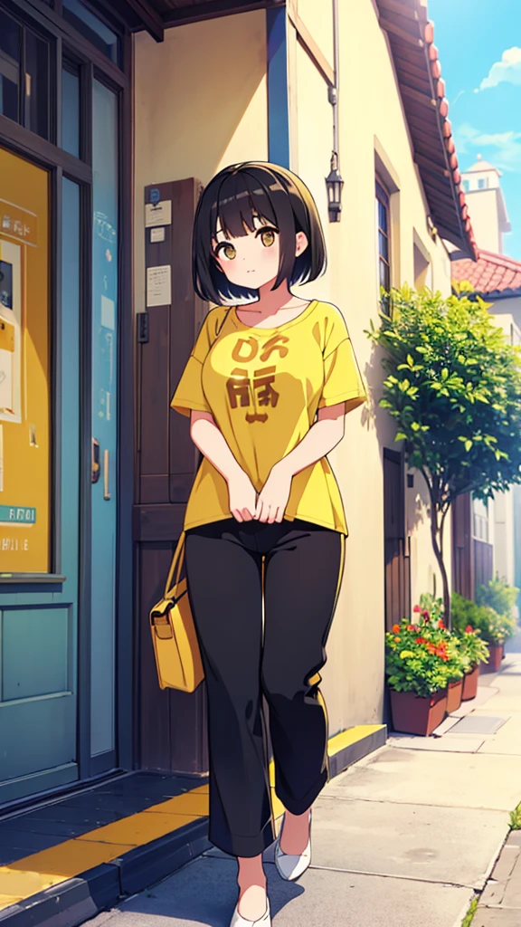 ((Highest quality)), ((masterpiece)), (detailed), 
A beautiful girl with short black hair wearing a short-sleeved summer shirt and summer pants in the style of the Yellow Revolution、refreshing、fine、bright、smart、Vision、whole body、Fullsize、
