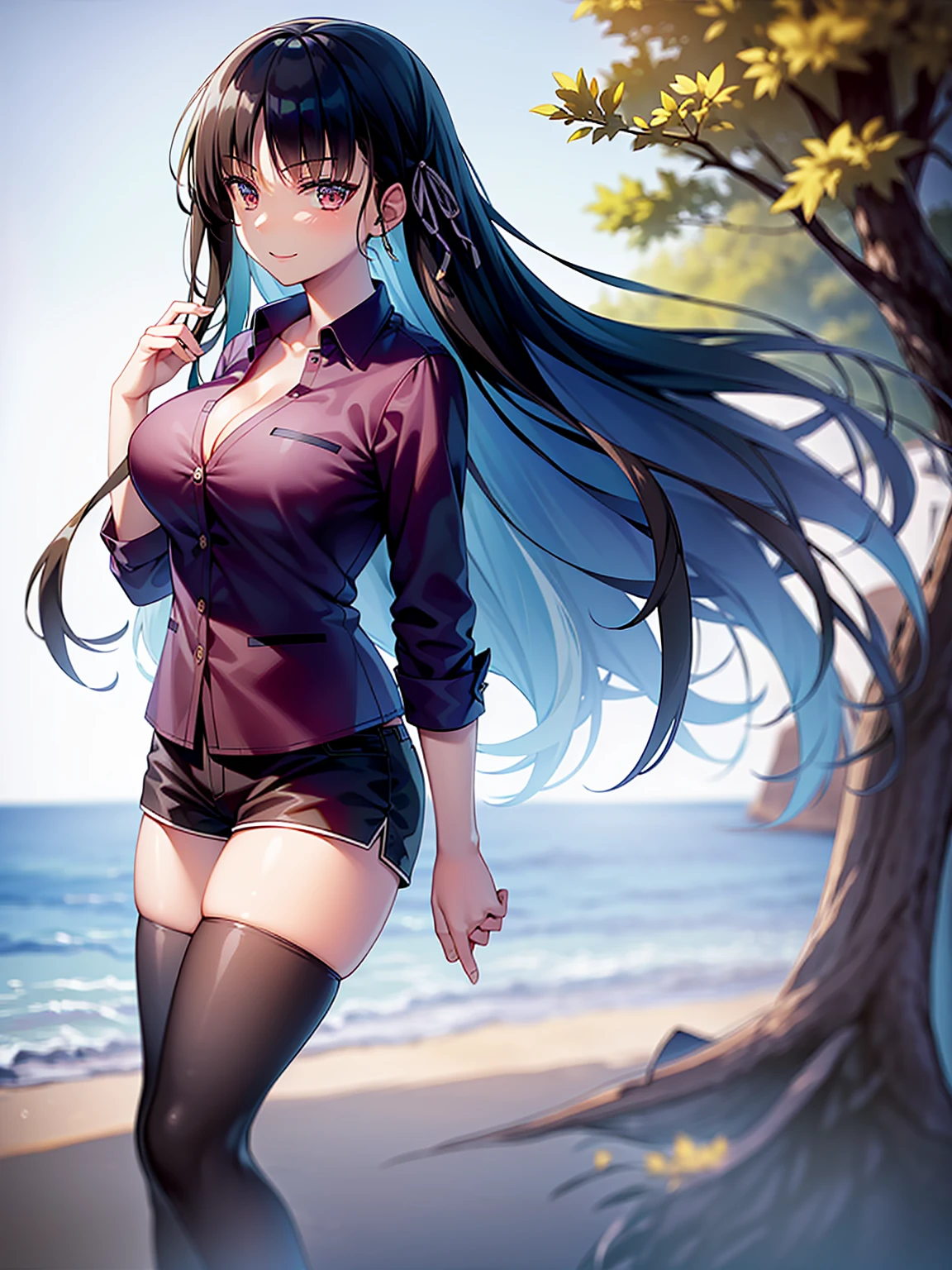 (8K, Highest quality, Highest quality, masterpiece), standing, 1girl, fullbody, solo, cowboy shot, aasuzune, long hair, black hair, hair loose in the wind, leafs in the air, (summer sky), casual shirt, mini top, black thighhighs, smile, Shorts, outdoors, large breasts, cleavage