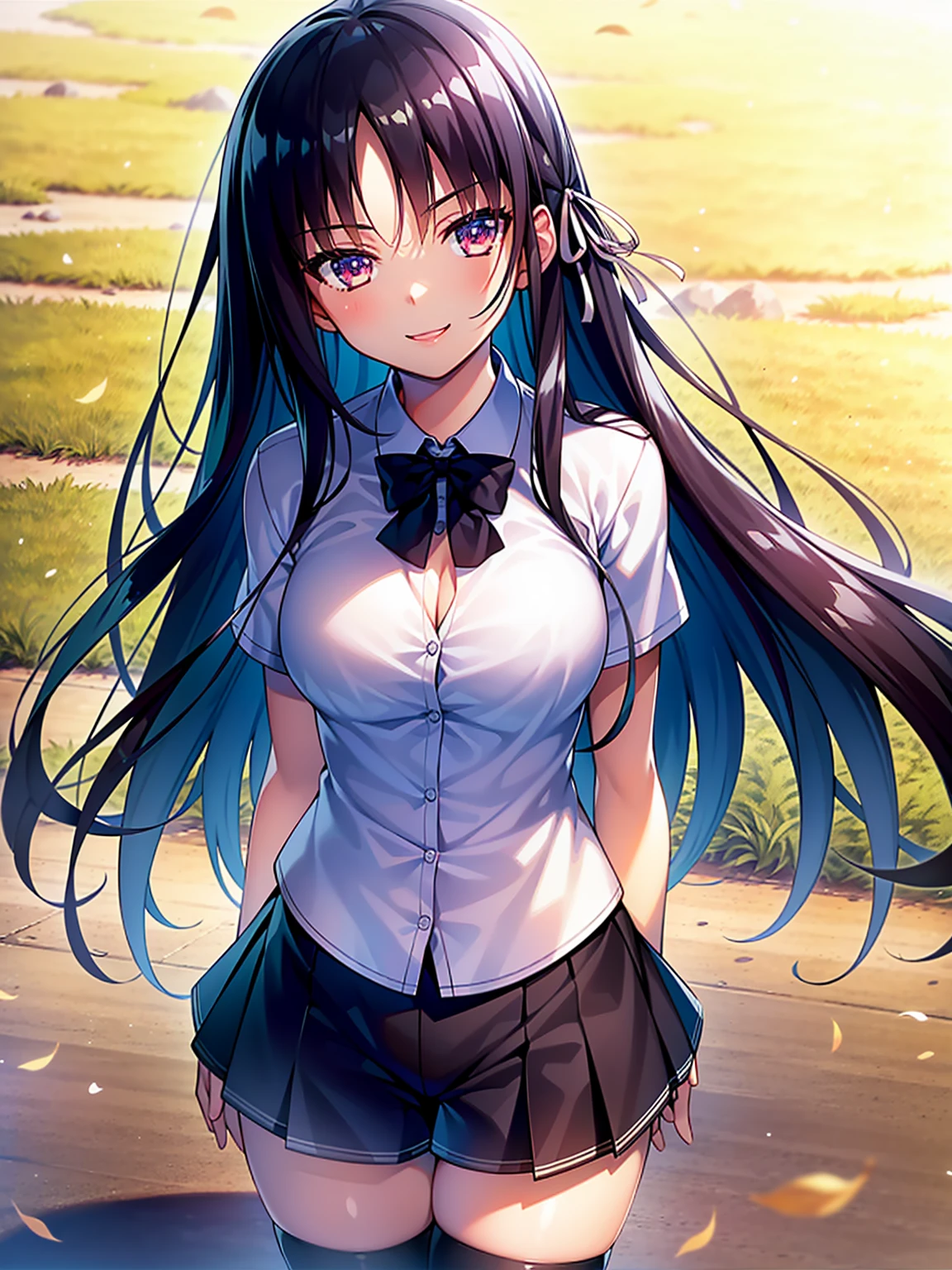 (8K, Highest quality, Highest quality, masterpiece), standing, 1girl, fullbody, solo, cowboy shot, aasuzune, long hair, black hair, hair loose in the wind, leafs in the air, (summer sky), casual shirt, mini top, black thighhighs, smile, Shorts, outdoors, large breasts, cleavage