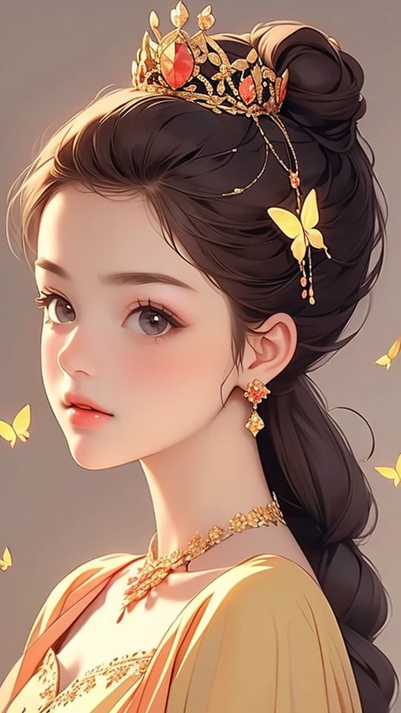 a pretty but beautiful woman wearing gold costume adorned with crown and butterflies, 1girl, jewelry, bug, solo, butterfly, brown hair, long hair, brown eyes, necklace, hair ornament, earrings, tiara, realistic, flower, portrait, looking at viewer, hair flower, grey background, braid, simple background,Cheerful girl