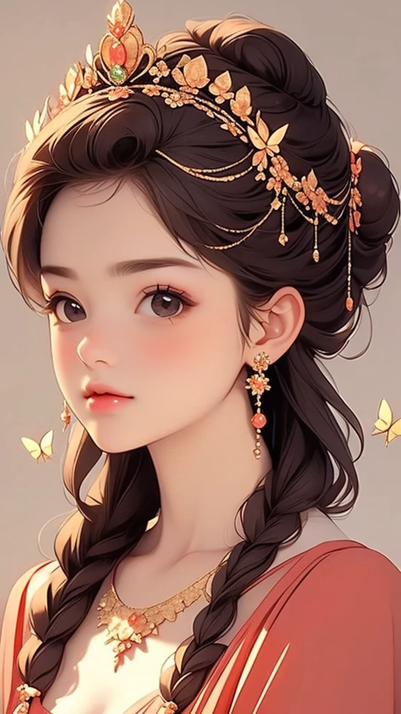a pretty but beautiful woman wearing gold costume adorned with crown and butterflies, 1girl, jewelry, bug, solo, butterfly, brown hair, long hair, brown eyes, necklace, hair ornament, earrings, tiara, realistic, flower, portrait, looking at viewer, hair flower, grey background, braid, simple background,Cheerful girl