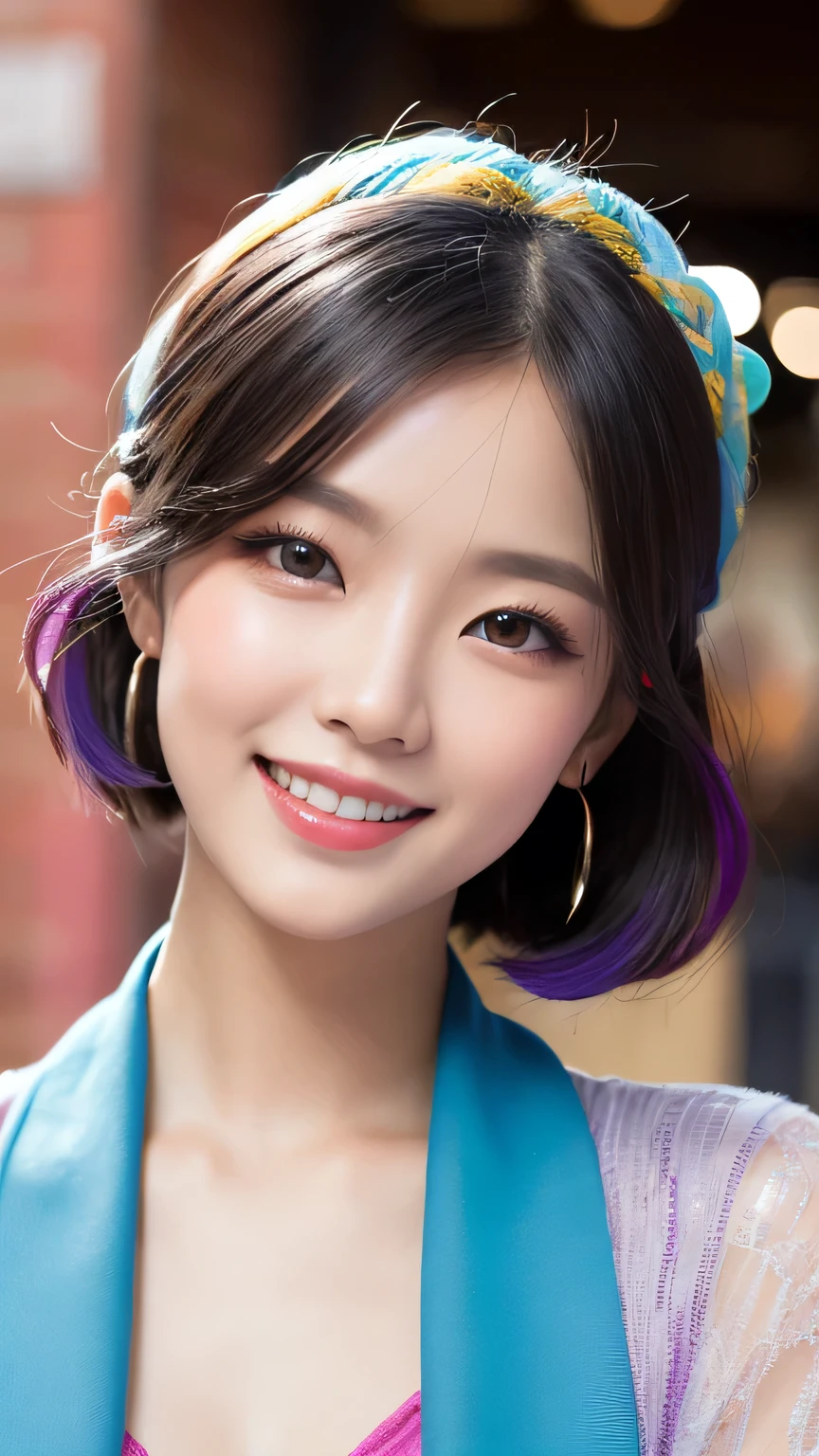 high quality, High resolution, masterpiece, completion, detailed.impressive, Cutting-edge female photography portraits, Showcasing a bold and daring street art style. Look forward、A kind smile、Soft impression, cyan, Purple and, Her vibrant makeup really catches the eye.. Her colorful hair is tied up high, Harmonious blue and pink shades. The background features a mesmerizing gradient of fluorescent chrome yellow, purple and, Blends seamlessly with the dynamic colors of your subject.  An unforgettable image
