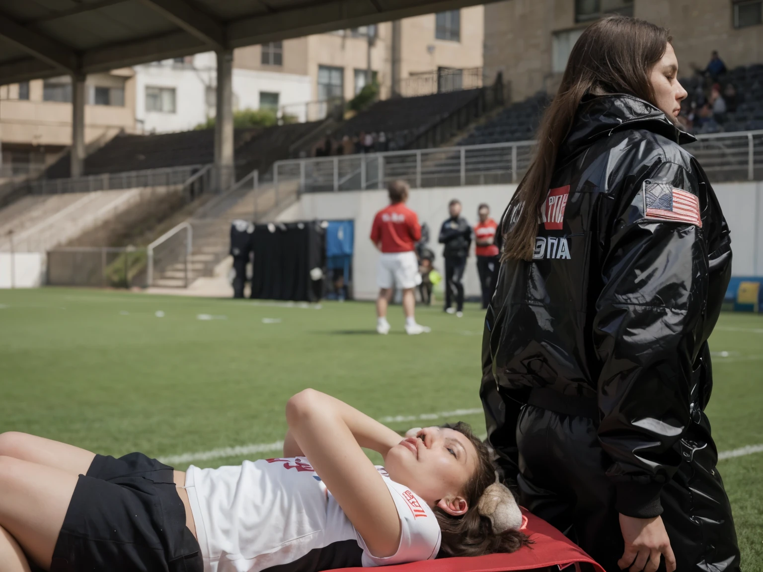 A scene at a soccer stadium in Mongolia, There is an attractive and heavily made-up Mongolian female police officer in a long black leather coat, A Mongolian female police officer in a shiny black leather coat on a soccer field, A Mongolian female police officer is holding a stretcher, A man is lying on the soccer stadium his back with his torso on the right in matt and roughened white and red sportswear on a stretcher, a man lies on a stretcher and has his left arm bent over his face, we only see the torso and thighs of the male athlete who is being carried with the stretcher to the left off the picture, the man lies on his back on the stretcher and covers his face with his bent left arm, the mongolian policewoman is exceptionally heavily made up and has an extremely desperate and very angry expression on her face, high-resolution photo, realistic sports photo, soccer scene, mongolia, mongolian policewoman, uniformed woman in black shiny long leather coat, injury scene, real photo, ultra realistic, high definition, sports photography