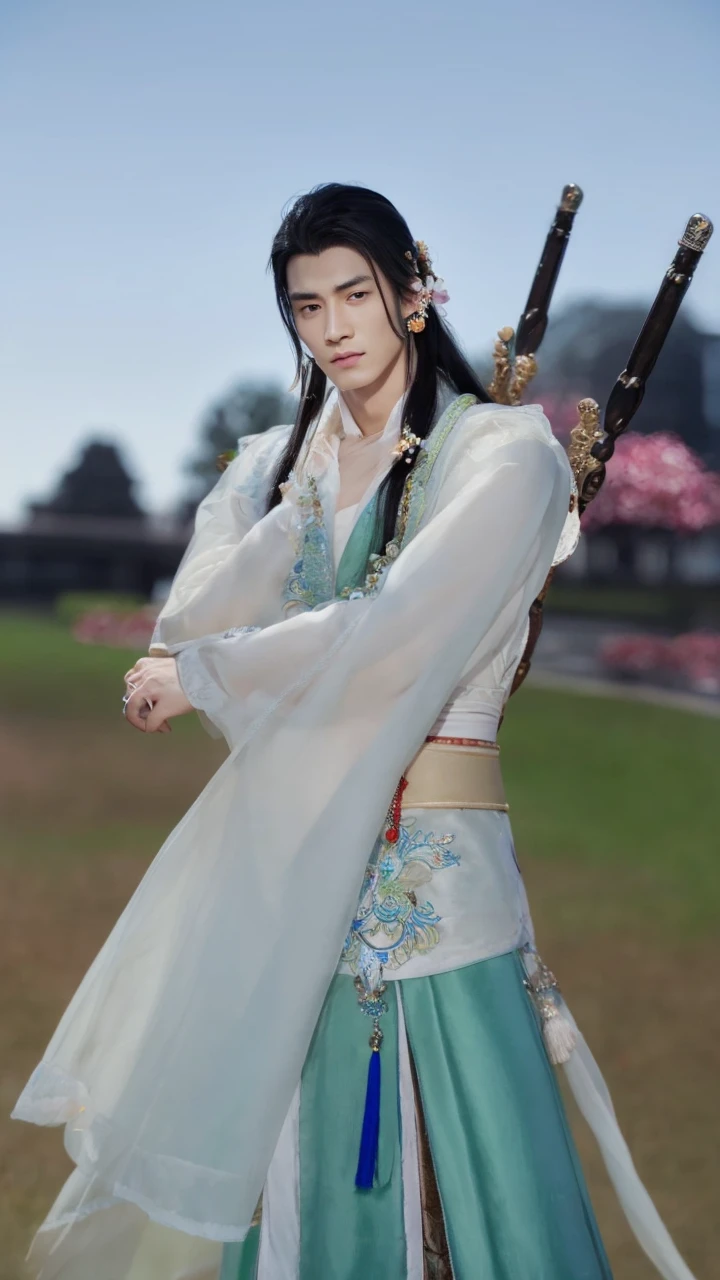 Excellent, masterpiece, super high resolution, detailed, realistic, muscular, handsome. Mandarin man, long black hair, clover earring.